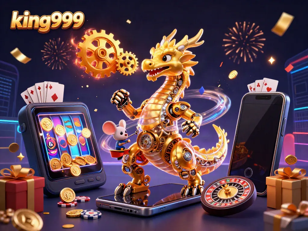 Permainan slot king999 dengan naga emas mekanis dan suasana kasino yang meriah