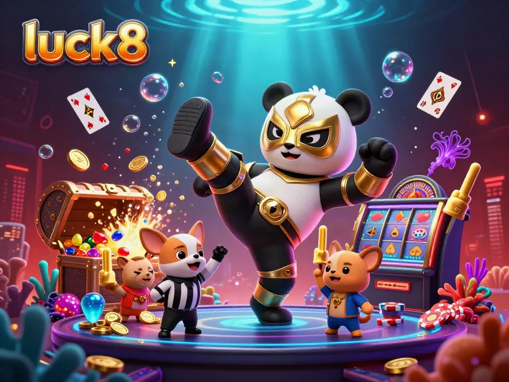 Engage with luck8's thrilling casino scene featuring an energetic panda wrestler and a chihuahua referee amidst casino elements.