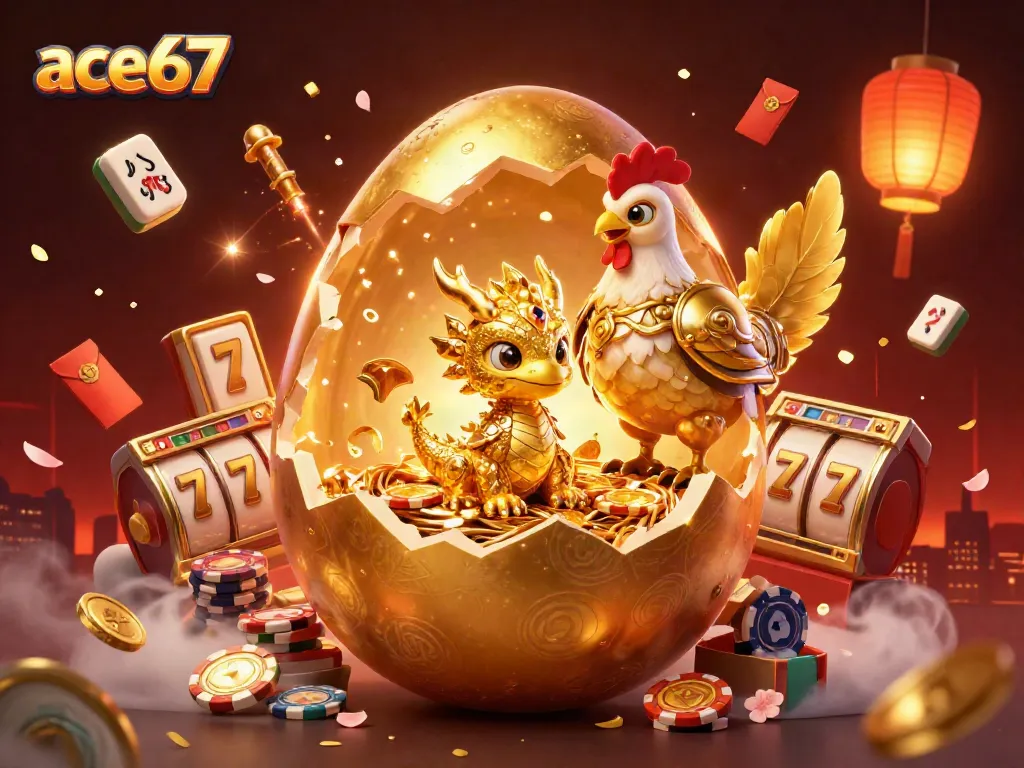 Engage with ace67's thrilling slots scene featuring a golden baby dragon on poker chips amidst vibrant casino elements.