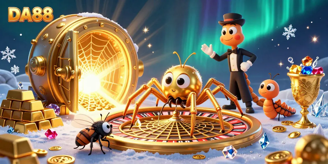 Place your bets at DA88 with a golden roulette wheel, spider croupier, and shimmering gems, perfect for casino lovers.