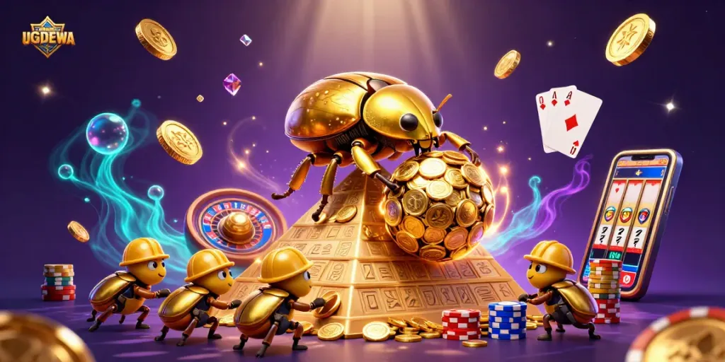 Spin and win with UGDEWA while a golden dung beetle rolls coins in this vibrant casino scene.