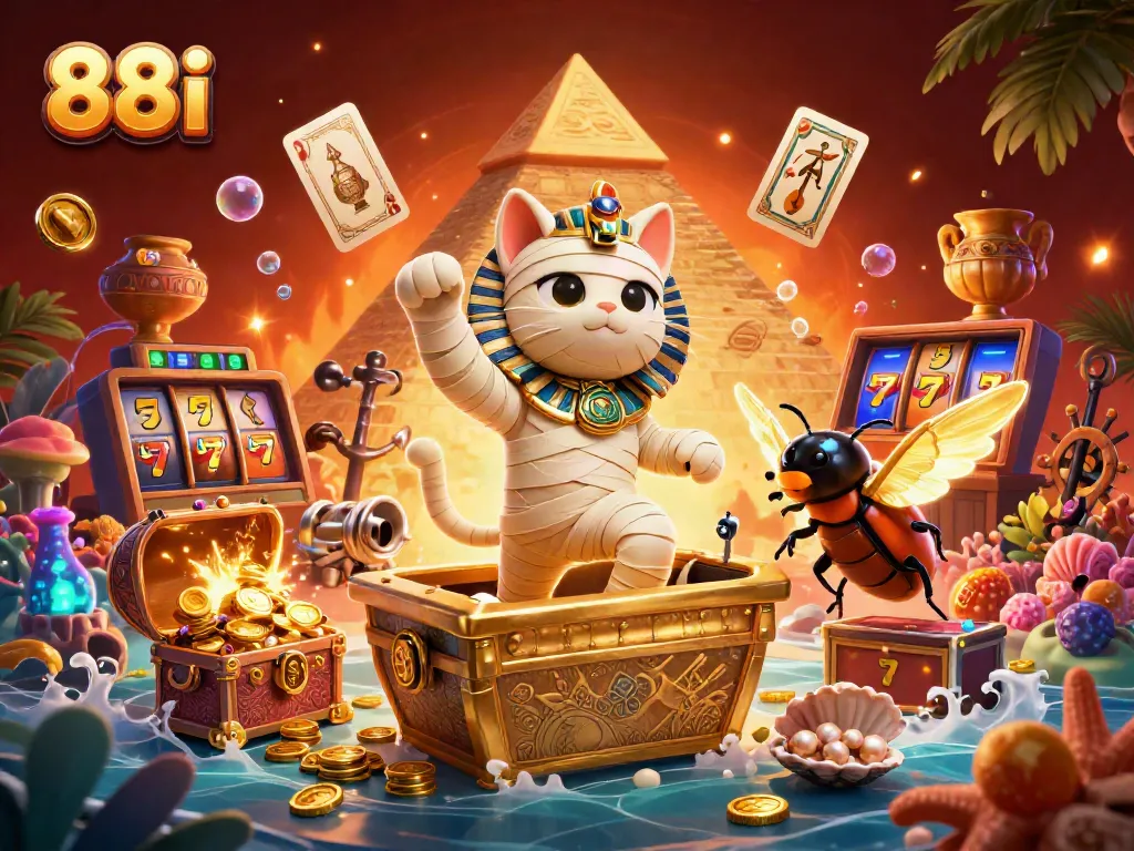 Exciting scene of the 88i casino with a mummy cat, golden treasures, and vibrant gaming elements.