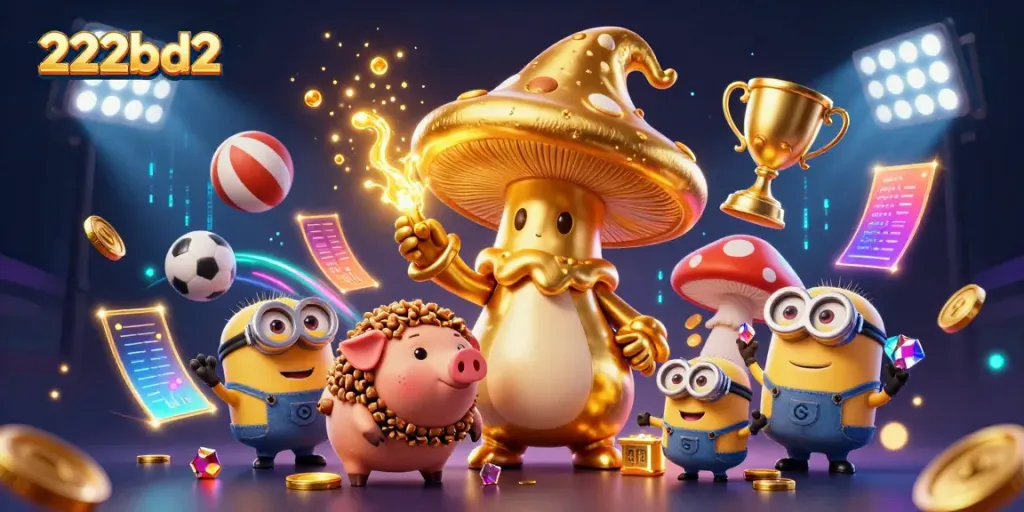 Experience the magic of 222bd2 with a golden mushroom wizard casting spells in a vibrant casino scene.