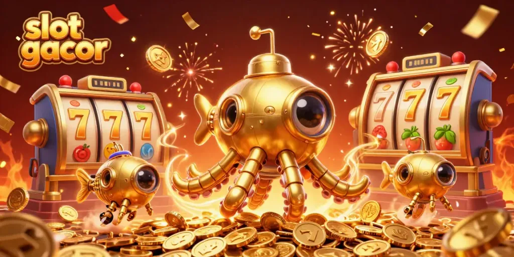 Menangkan slot gacor dengan karakter kraken emas dan simbol slot cerah dalam suasana meriah.