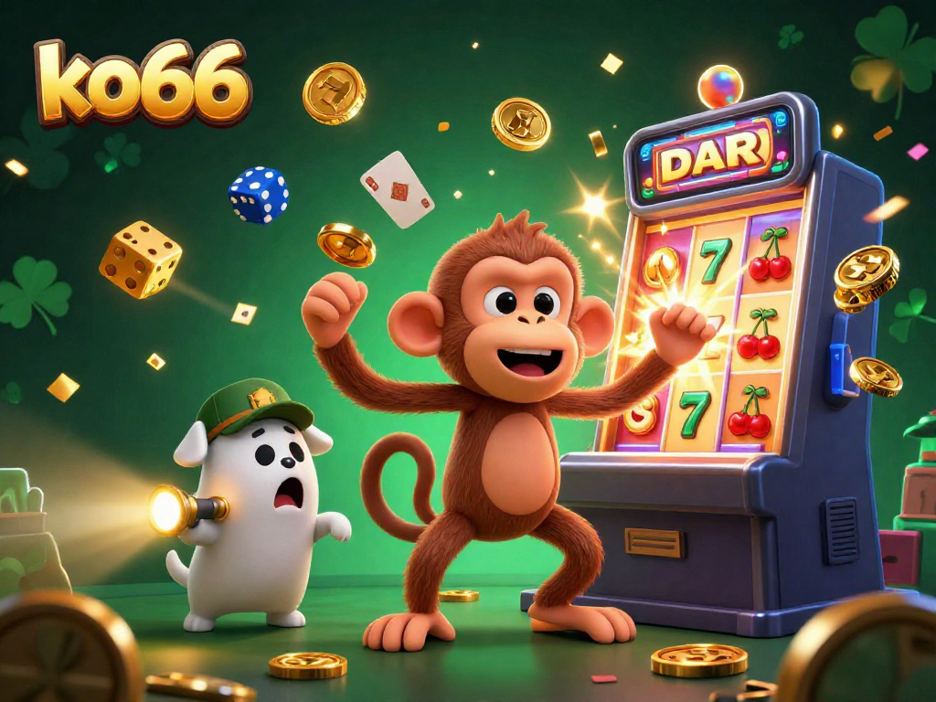 Experience the vibrant excitement of ko66 with a playful poltergeist monkey juggling golden casino items in a haunted setting.