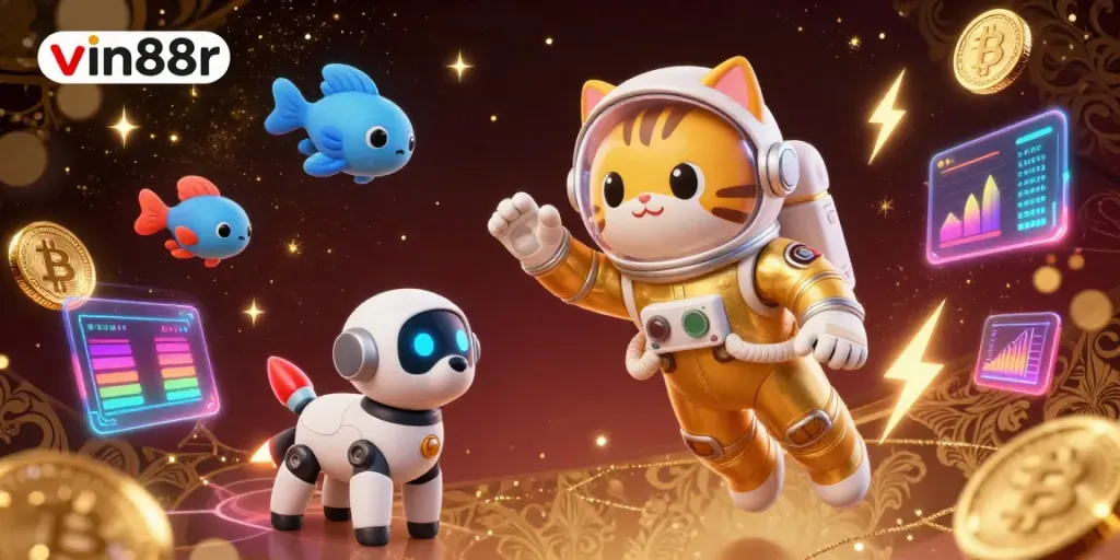 Experience thrilling casino adventures with vin88r, featuring a playful astronaut cat and animated alien companions.