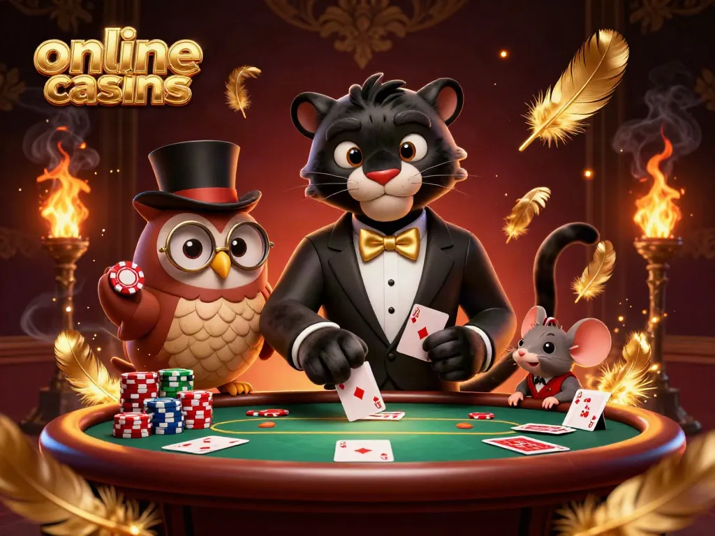 Join the action with online credit card casinos featuring a stylish panther, owl, and mouse amidst vibrant gaming elements.