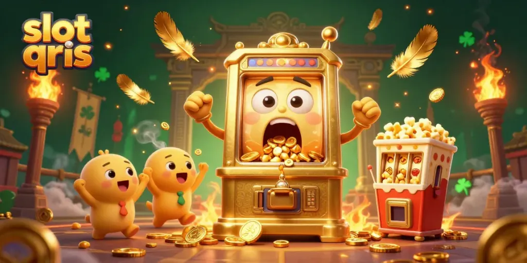 Experience the thrill of slot qris with a vibrant 3D illustration of an animated slot machine hitting the jackpot.