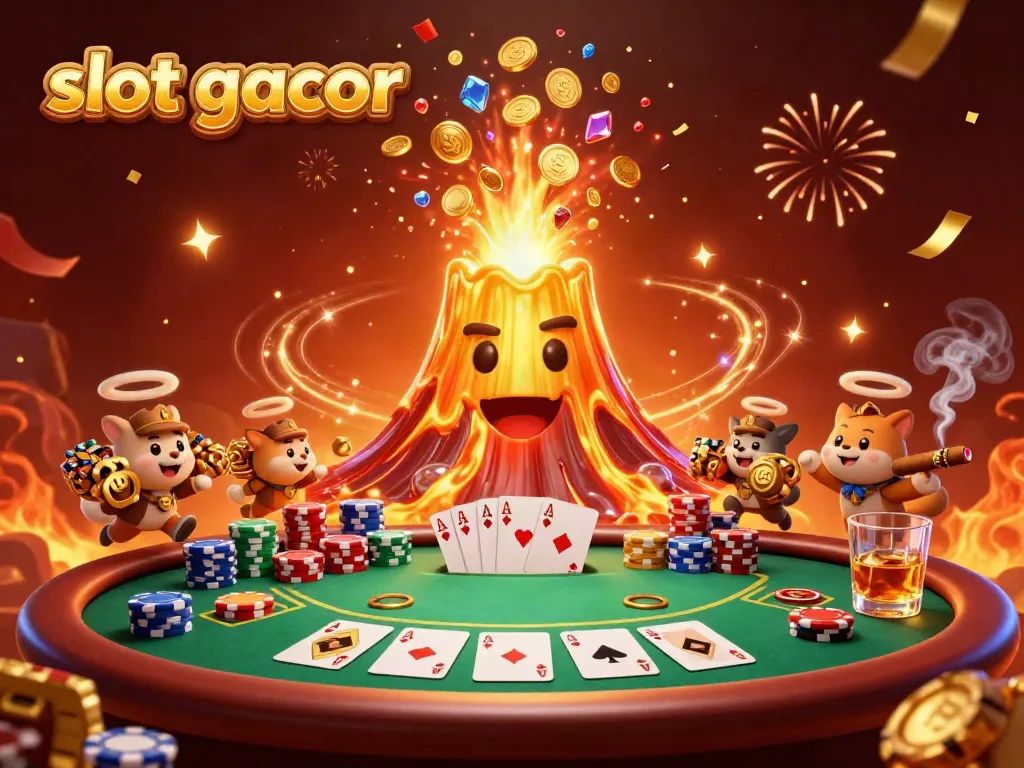 Engage with slot gacor magic, witnessing a triumphant golden volcano erupting treasures while explorer animals joyfully grab coins.