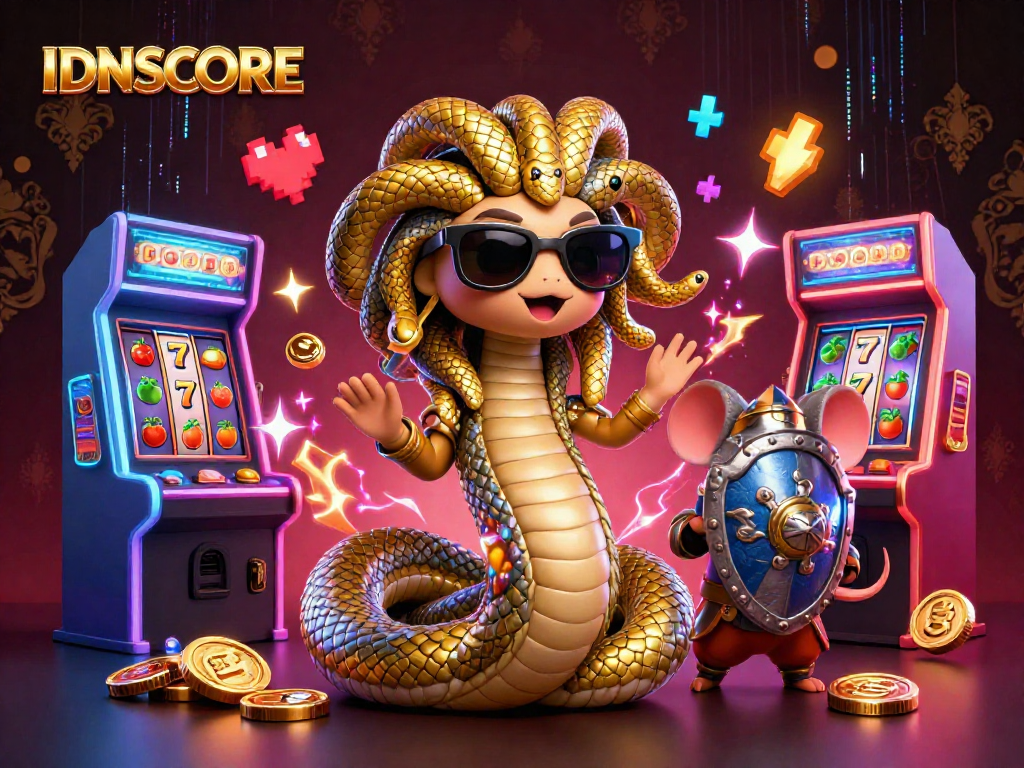 IDNSCORE showcases a vibrant casino scene with Medusa and a warrior mouse, emphasizing loyalty rewards.