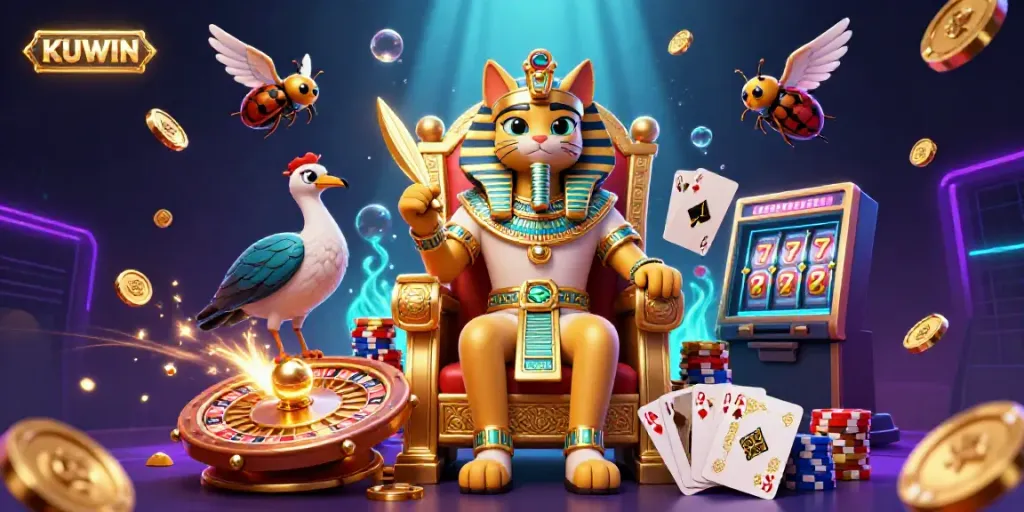 Spin to win with KUWIN's vibrant Egyptian-themed casino illustration featuring rich game elements.