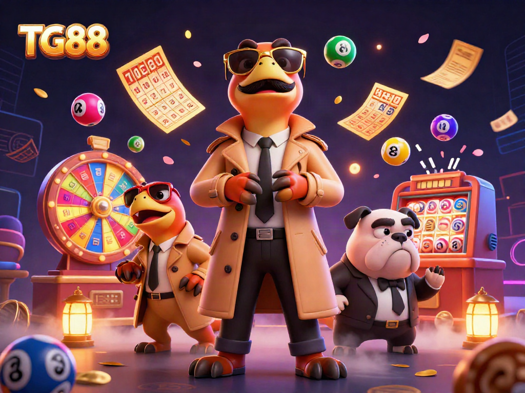 Engage with TG88 by exploring dynamic lottery elements and playful characters in a vibrant casino atmosphere.