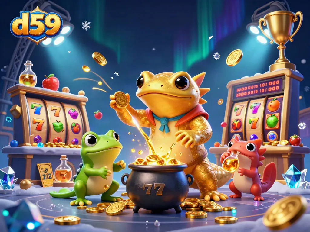 D59 shows an alchemist converting metals into gold coins amidst dynamic slot game elements in a magical setting.
