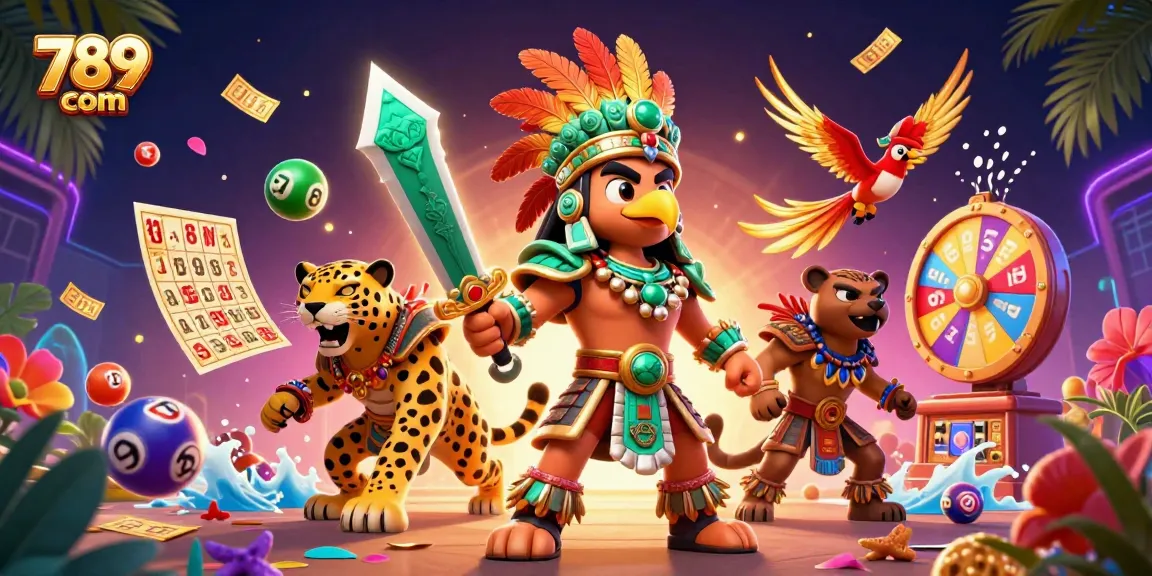 Win big at 789 com with this vibrant scene showcasing lively lottery games and warriors.