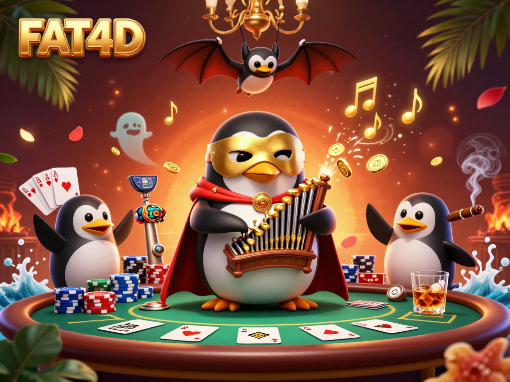 FAT4D showcases a lively scene where a charismatic penguin plays an organ amid a burst of golden coins in a vibrant casino.