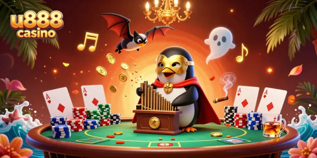 Experience the exciting world of u888 casino with a vibrant casino scene featuring a playful penguin and thrilling games.