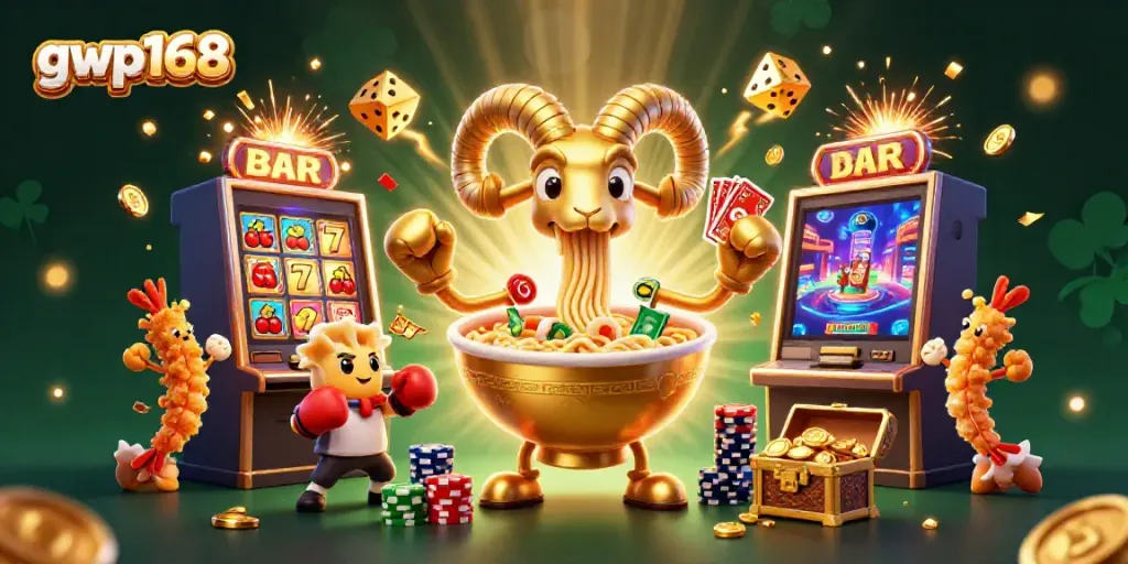 Melihat gwp168 dalam ilustrasi 3D yang menampilkan karakter kasino yang menarik dengan simbol permainan.