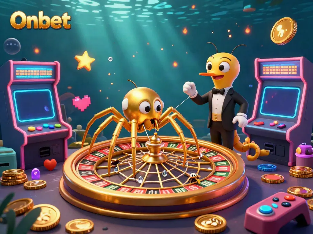 Spin the winning wheel at Onbet with a golden spider and vibrant gaming elements.