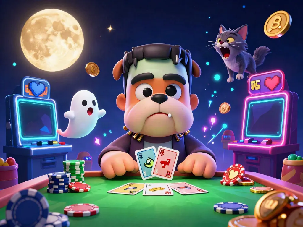 Engage with exciting 8kbet casino action featuring a cartoon bulldog and friends at a lively gaming table.