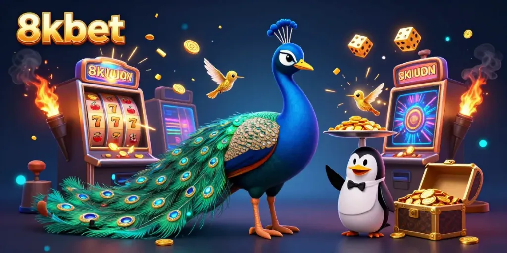 Engage in captivating play at 8xbet with colorful slots and animated characters in a vibrant casino scene.