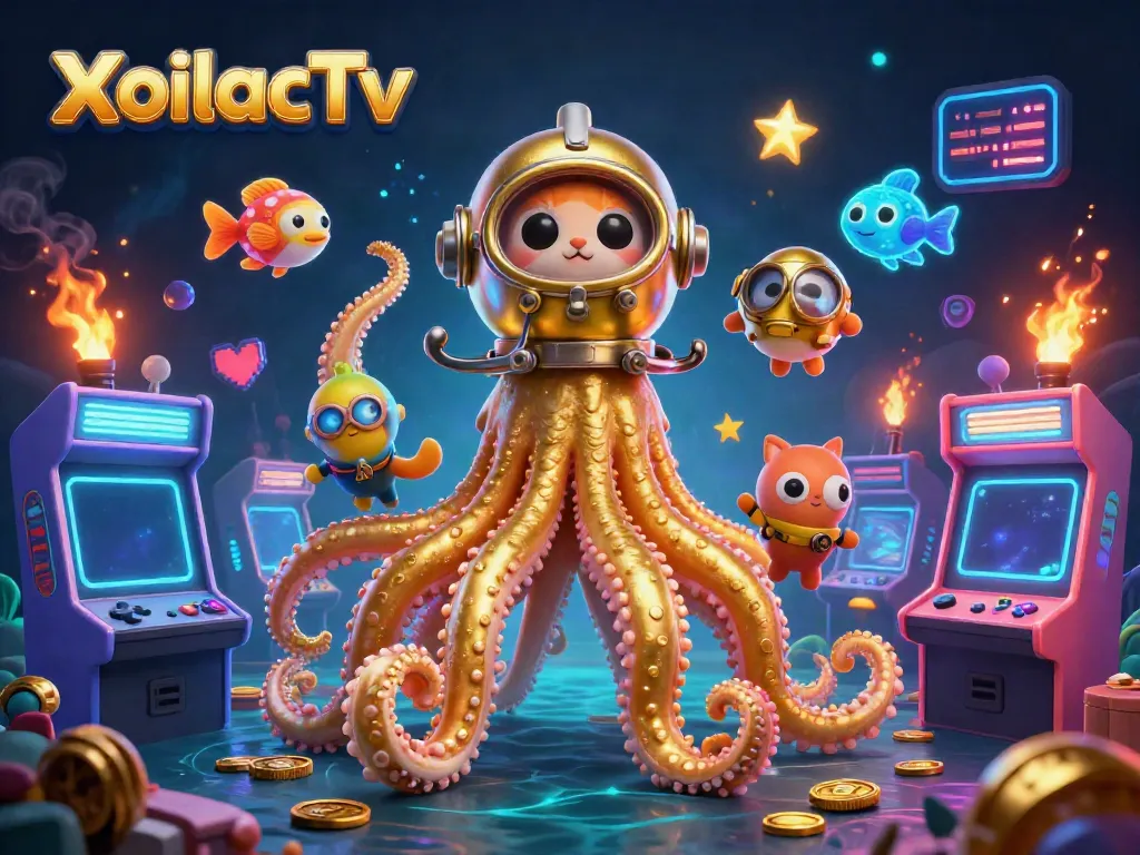 Engage with XoilacTv's vibrant 3D illustration of a kraken, diving cat, and deep-sea fish in a colorful gaming scene.