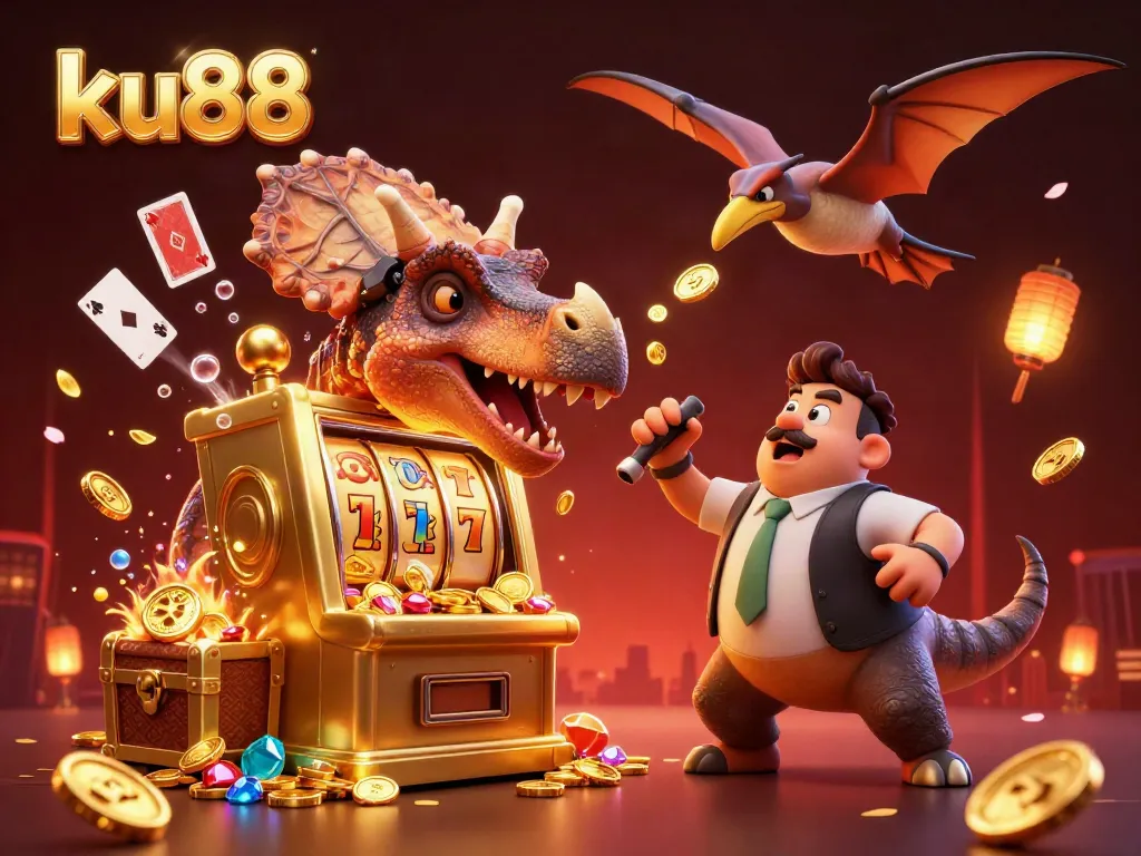 ku88 jackpot scene of a pachycephalosaurus winning coins from a slot machine amidst vibrant casino elements