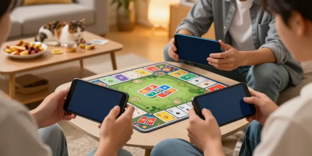 Engaging scene of a user playing rumble rummy on a smartphone in a cozy living room.