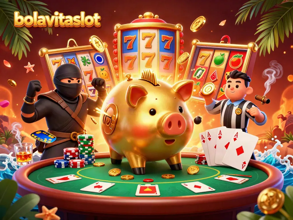Experience the thrilling world of bolavitaslot featuring vibrant slot reels, dynamic characters, and a rich casino atmosphere.