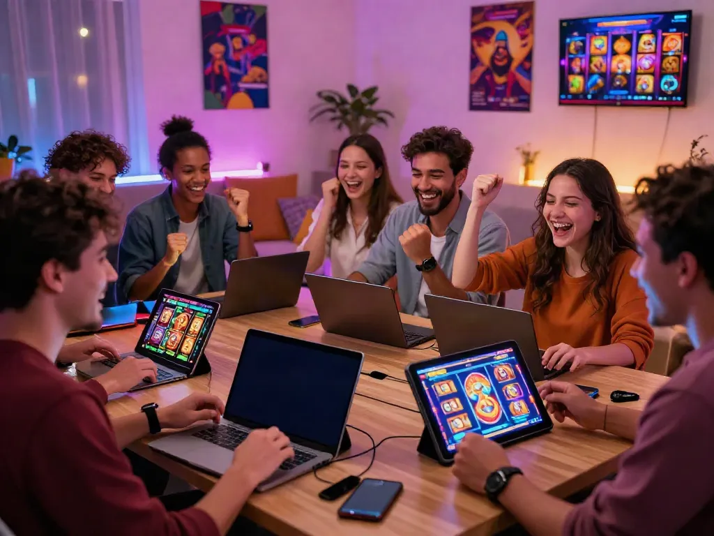 Players enjoying king999 slot games in a lively home atmosphere.
