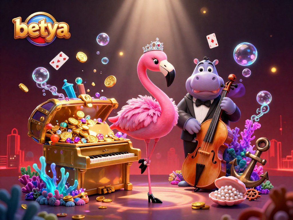 Experience the vibrant ambiance of betya with a flamingo singer and hippo bassist in a lively casino scene.
