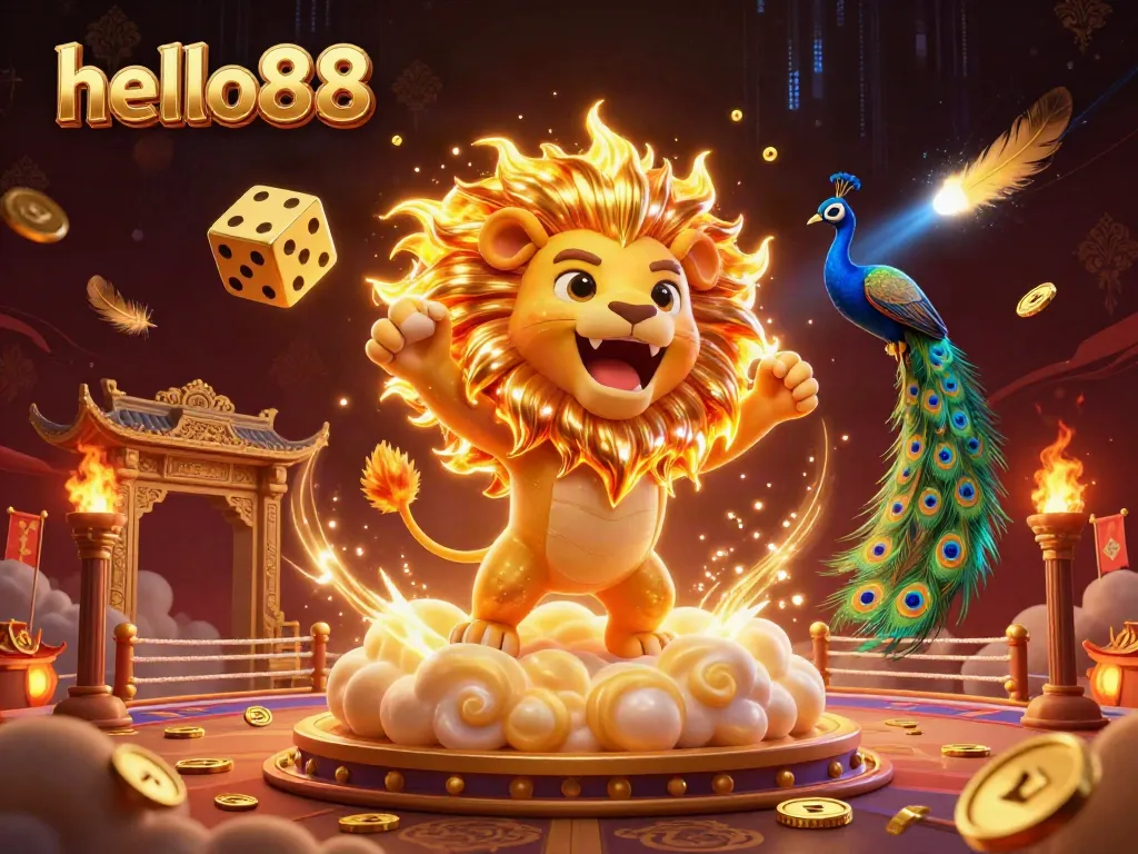 Experience the thrill of hello88 with a vibrant illustration featuring golden dice and a triumphant sun lion.