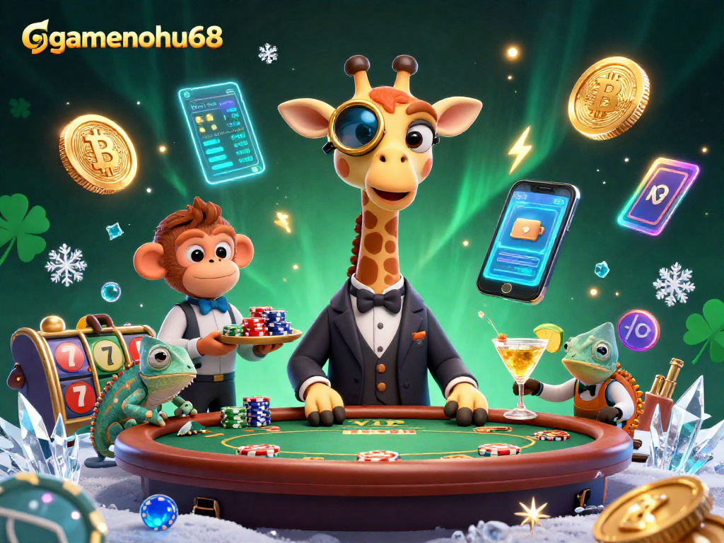 Experience excitement at gamenohu68 with a high-roller giraffe and crypto-themed casino scene.