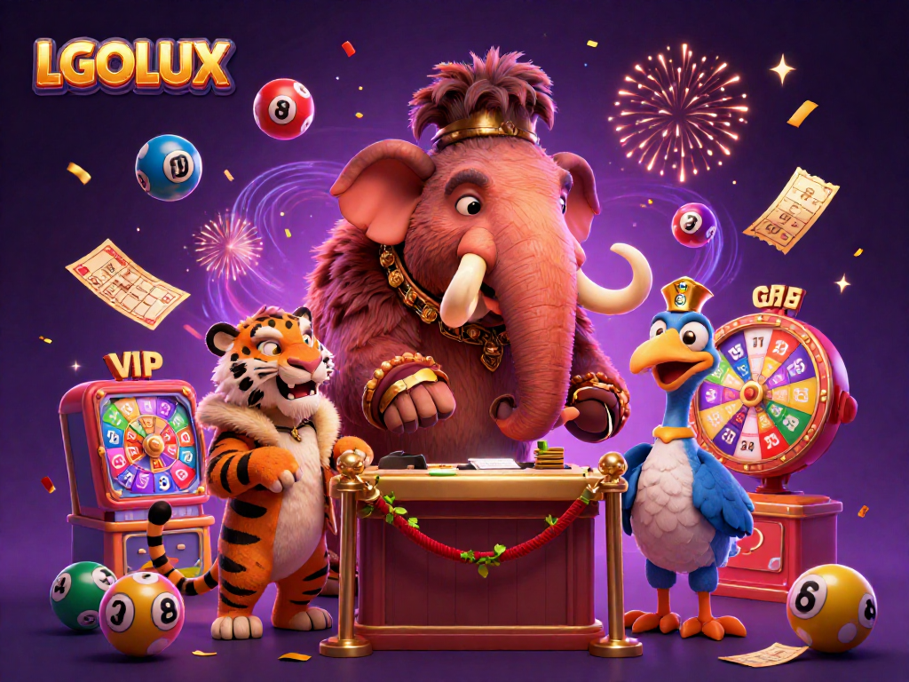 Experience the vibrant world of LGOLUX casino with colorful lottery elements and dynamic characters.
