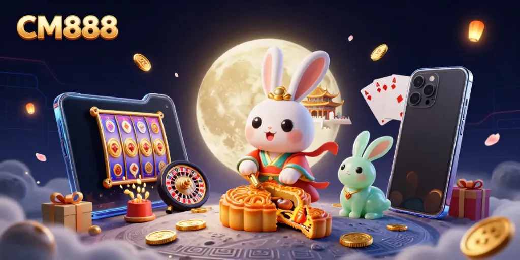 Experience the excitement of CM888 with a whimsical moon-themed casino illustration filled with games.
