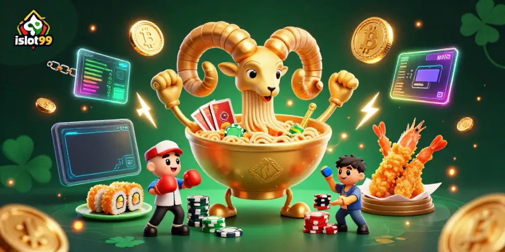 Engage in thrilling gameplay with the islot99 interactive casino scene featuring vibrant characters and crypto elements.