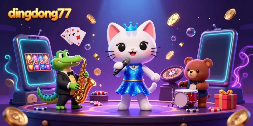 Dive into the exciting world of dingdong77, featuring a lively casino scene with cartoon characters and vibrant slot elements.
