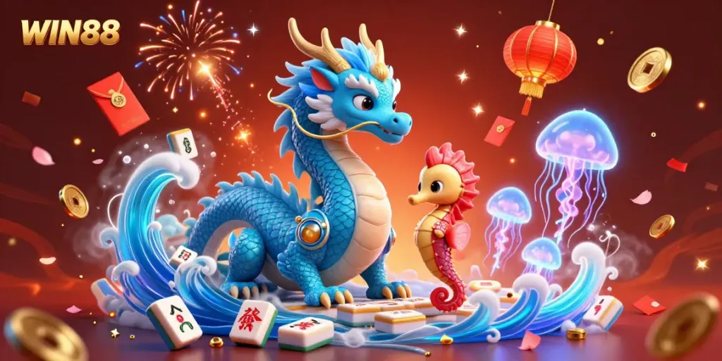 Experience the excitement of WIN88 with a vibrant 3D casino scene featuring a dragon and other characters amidst festive gaming elements.