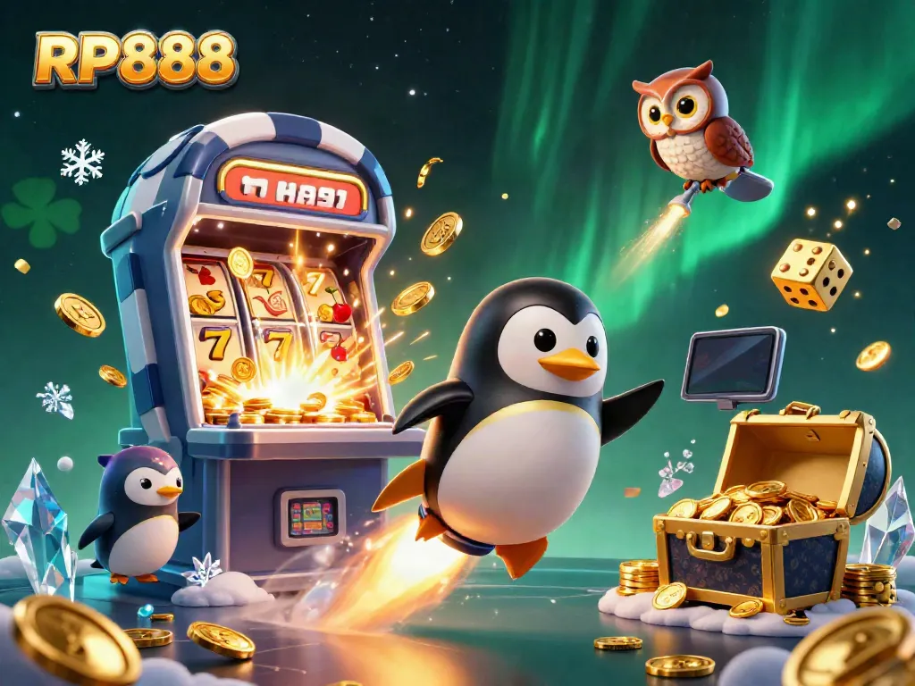 Engage with RP888's vibrant gaming worlds featuring a golden penguin in a dynamic slot-themed universe.