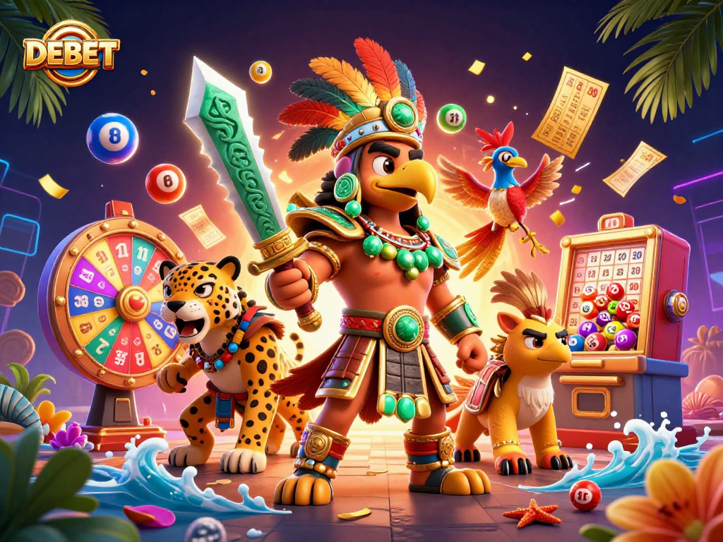 Experience excitement with DEBET in this vibrant lottery-themed 3D illustration featuring warriors.