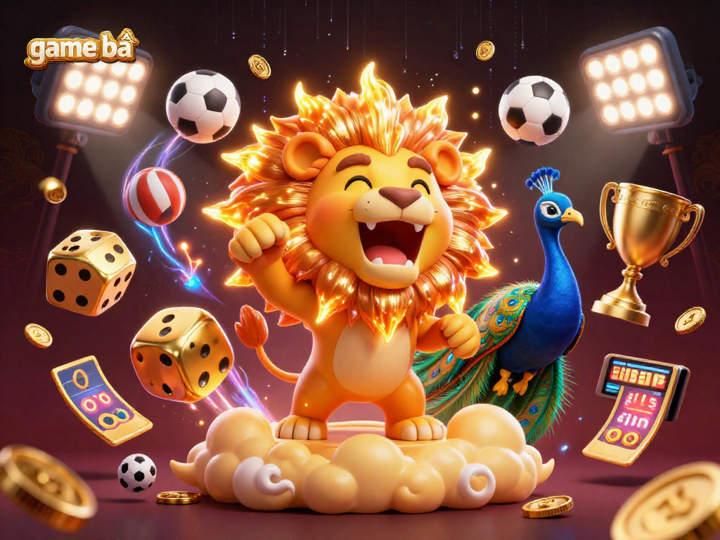 Engage in thrilling game bài experiences with dynamic visuals featuring sports balls, golden dice, and a lion mascot.