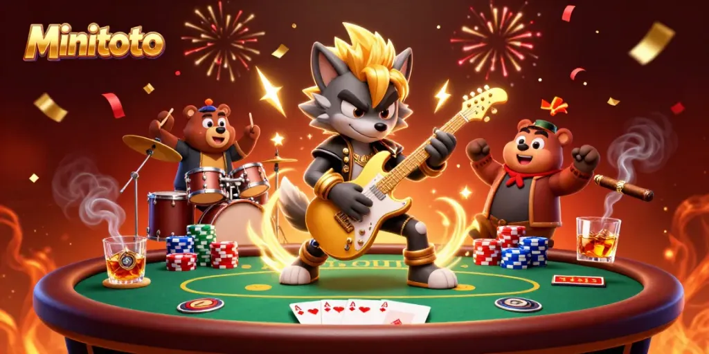 Minitoto menghadirkan slot gacor 2026 dengan ilustrasi karakter kasino yang penuh energi.