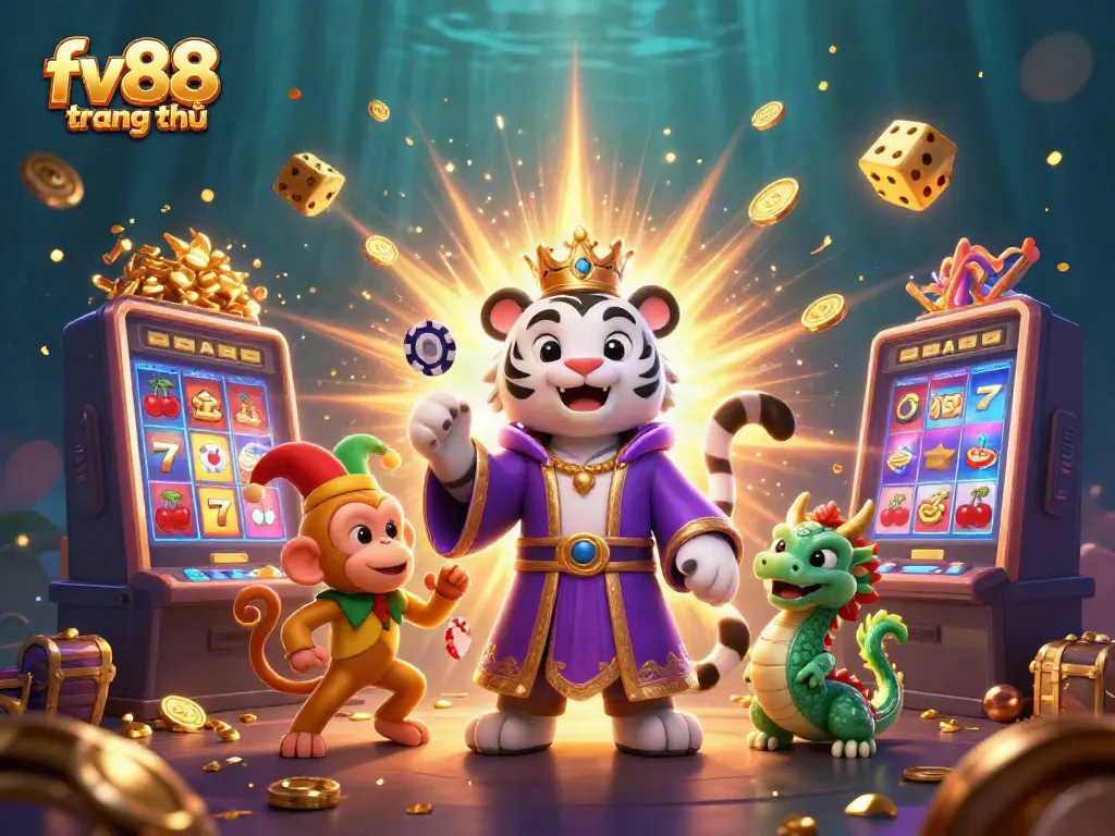 Experience the vibrant world of fv88 trang chủ, featuring a 3D tiger, jester monkey, and dynamic casino elements.