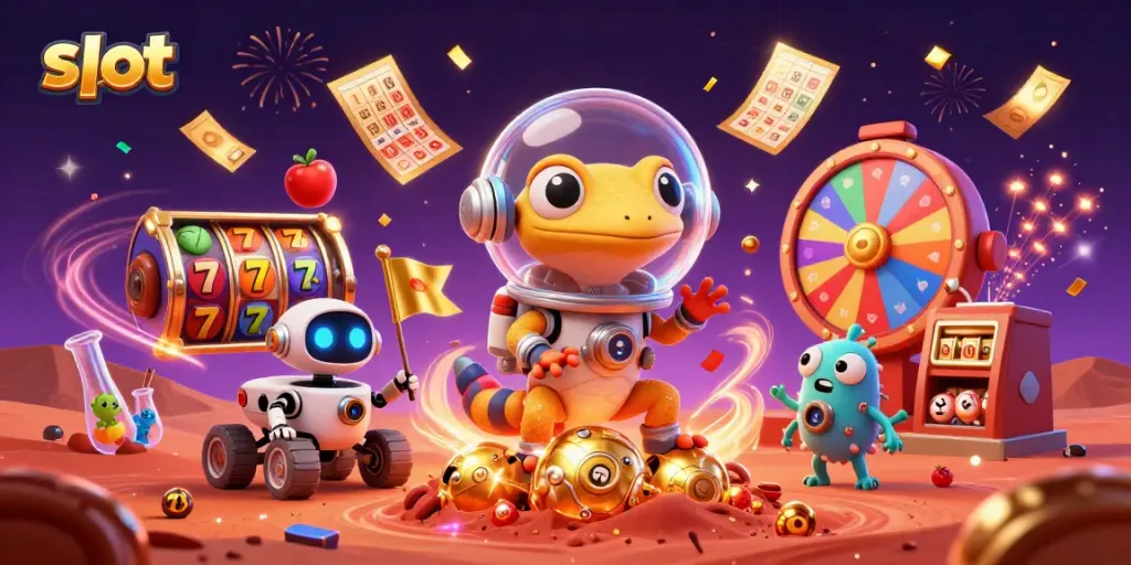 Experience thrilling slot action with Martian gecko discovering a golden casino in vibrant 3D