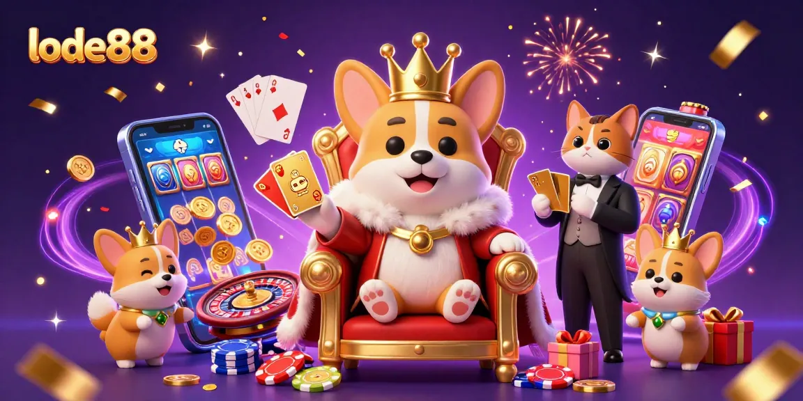 Play exciting games at lode88 with the royal corgi and cat butler in this vibrant casino scene.