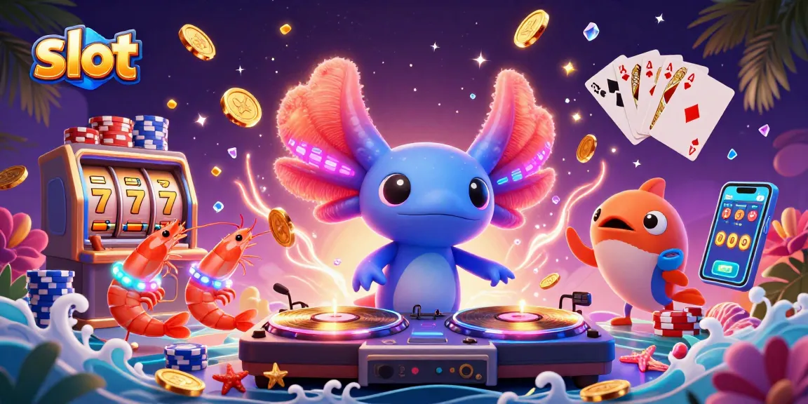 Menampilkan slot mesin, karakter neon berwarna dan elemen perjudian yang menarik