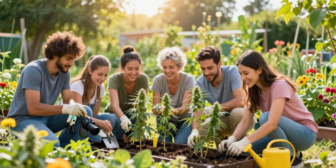 CBD Samen kaufen in einem schönen Garten mit fröhlichen Menschen beim Pflanzen von Cannabissamen.