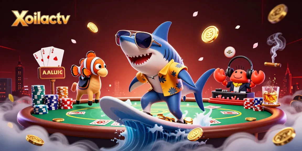 Xoilactv showcases a vivid scene with a shark surfing on gold coins at a lively coral stage.