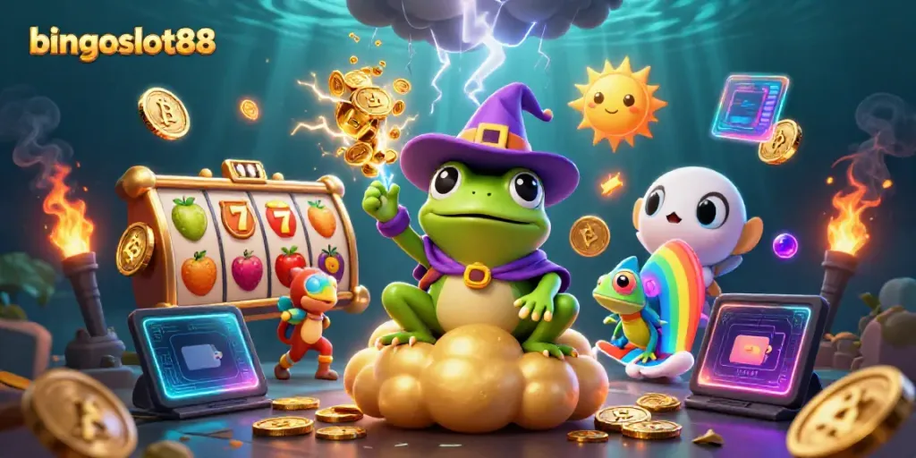 Permainan seru di bingoslot88, dengan simbol slot berkilau dan koin emas mengalir.