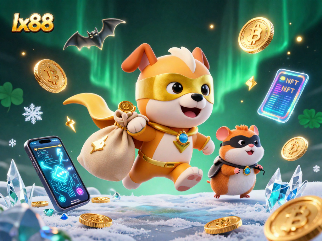 lx88 casino superhero dog and sidekick flying with gold coins amidst vibrant gaming elements