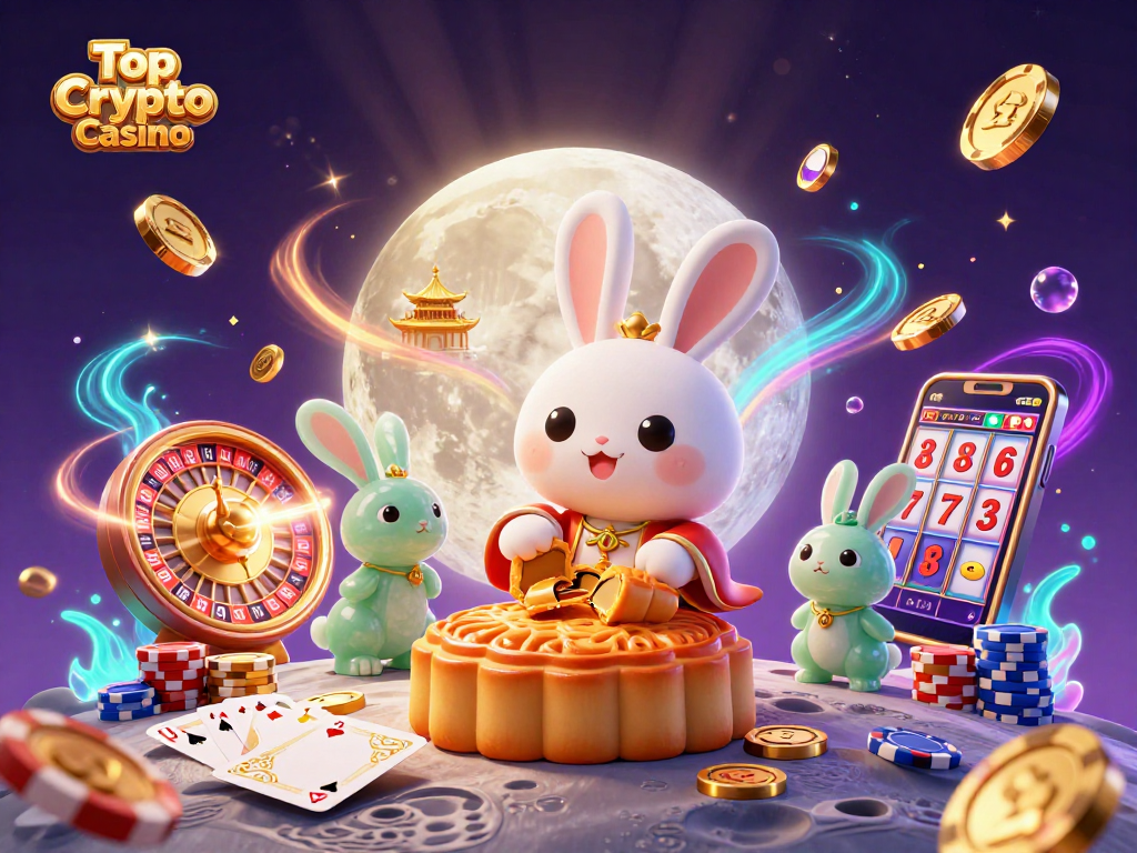 Experience the excitement of the Top Crypto Casino with a whimsical lunar-themed illustration.